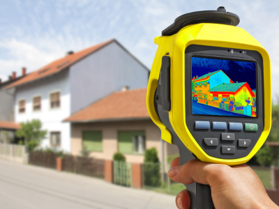 Technician using an infrared thermography camera to detect heat patterns on a wall.