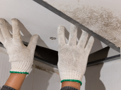 Close-up of mold and mildew growing on a damp ceiling wall.
