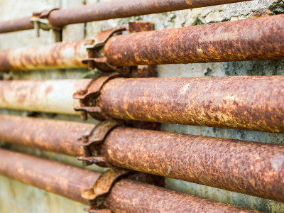 Rust and corrosion visible on an old metal water pipe.